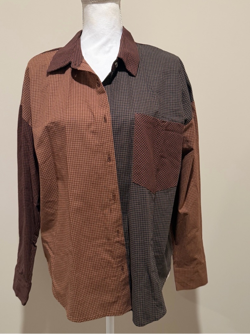 Blu Pepper Brown and Tan Plaid Color Block Button Down oversized small NWT - Picture 7 of 13
